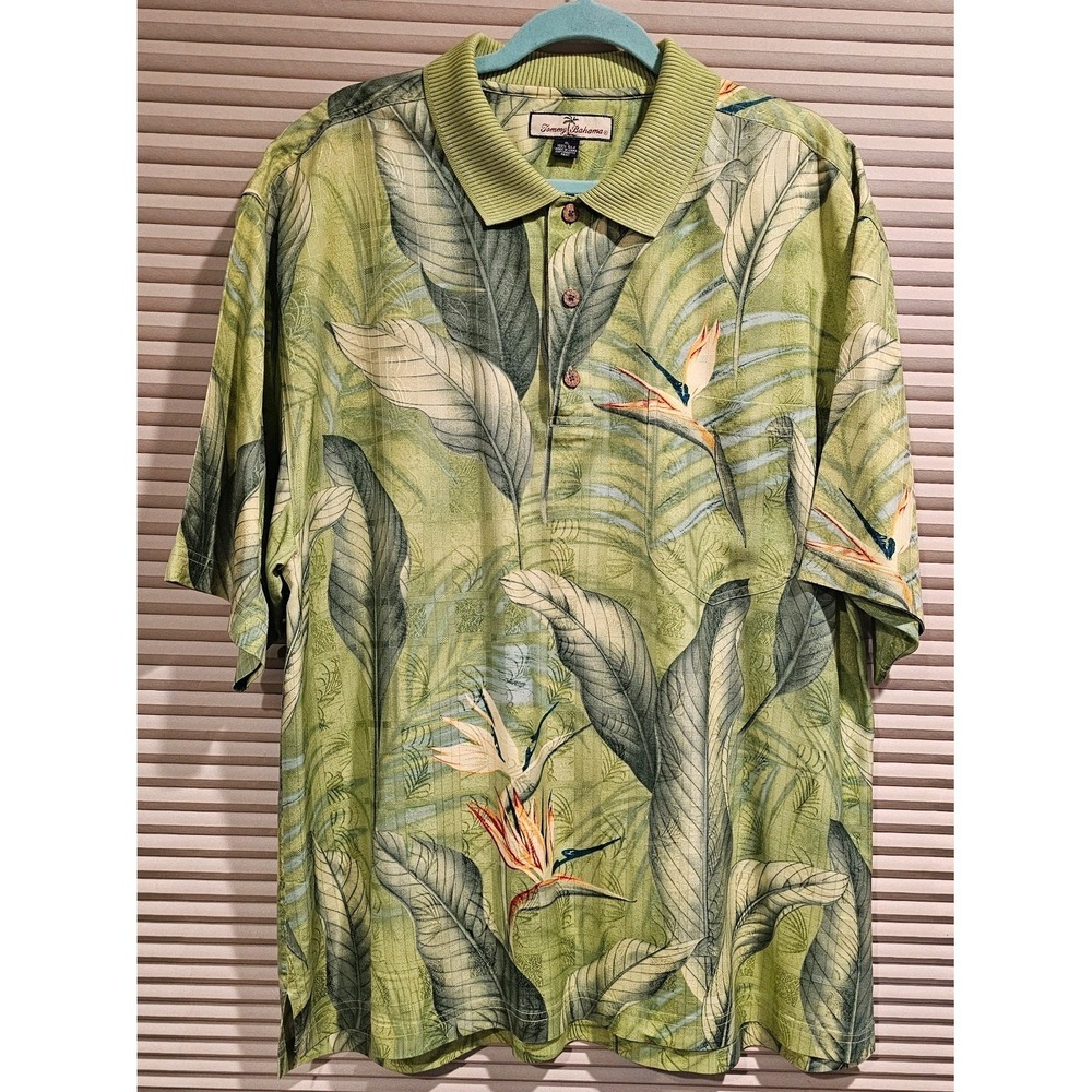Tommy Bahama Bird Of Paradise Mens XL Green 1/4 Button-up Green Tropical Leaves